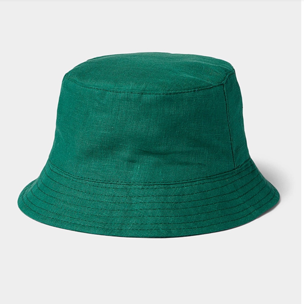 Unisex minimalist bottle green pure linen bucket hat NWT